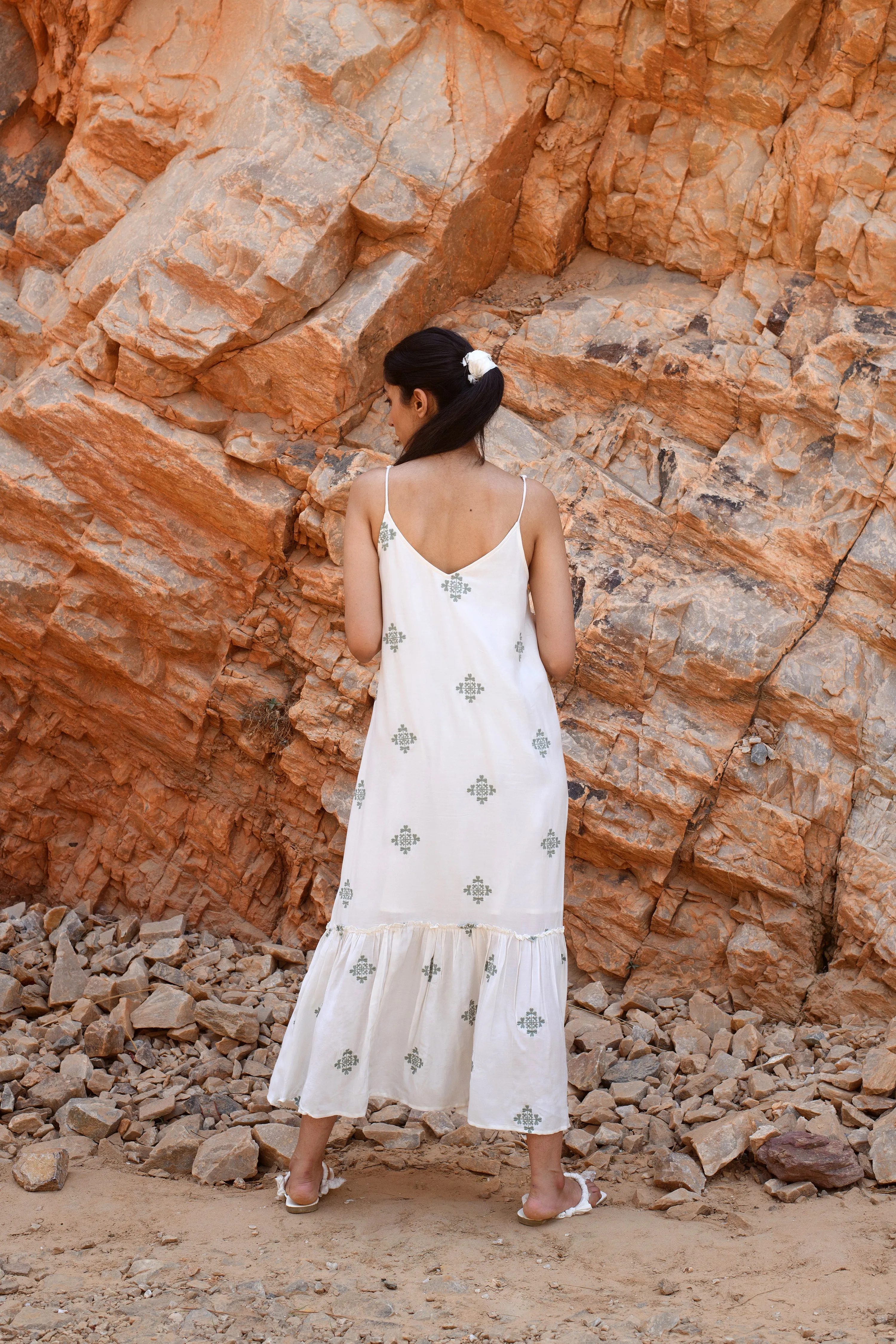 Kapraaha A White Stripe Embroidered Maxi Dress White