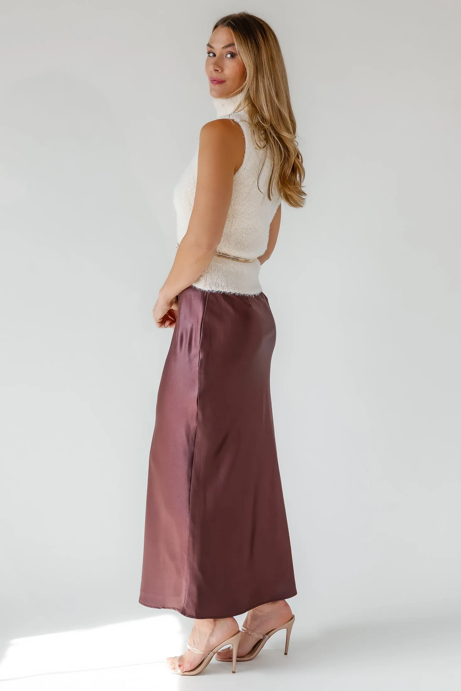 Karrie Chocolate Satin Maxi Skirt - Final Sale