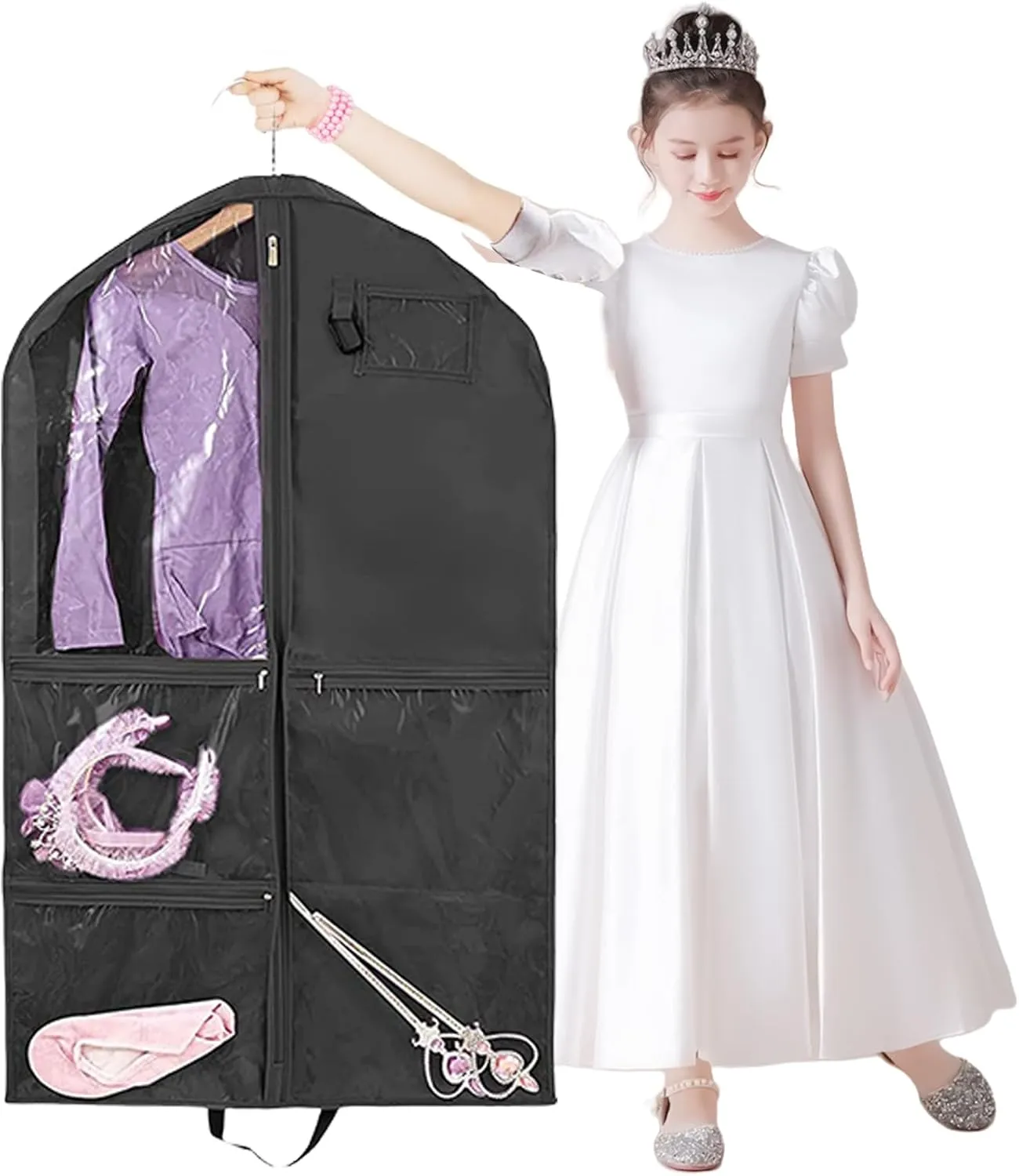 Kids Dance Costume Storage Bag Garment With 5 Zippered Pockets Foldable Travel Dress Container
