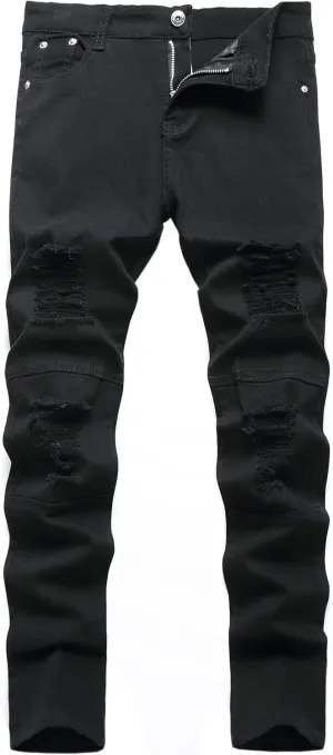 Kihatwin Boy's Skinny Ripped Jeans Destroyed Distressed Taper Zipper Pants with Holes