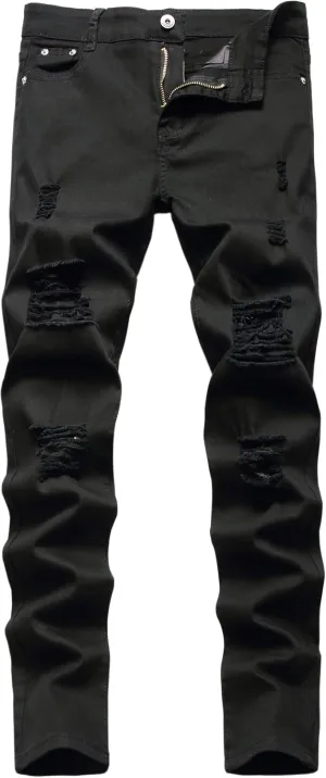 Kihatwin Boy's Skinny Ripped Jeans Destroyed Distressed Taper Zipper Pants with Holes