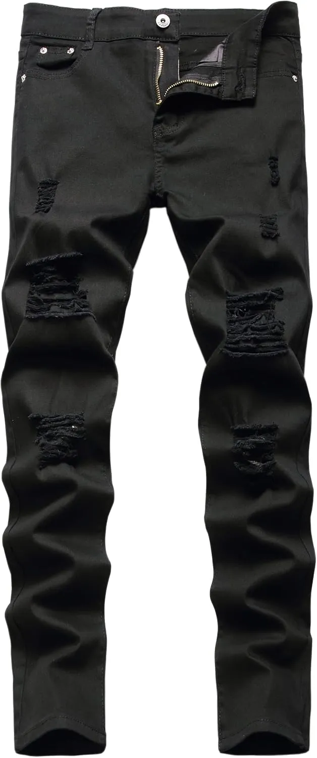 Kihatwin Boy's Skinny Ripped Jeans Destroyed Distressed Taper Zipper Pants with Holes