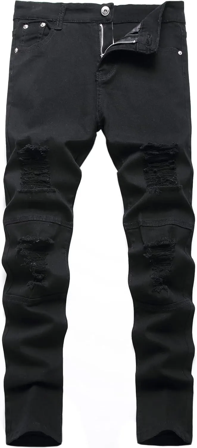 Kihatwin Boy's Skinny Ripped Jeans Destroyed Distressed Taper Zipper Pants with Holes