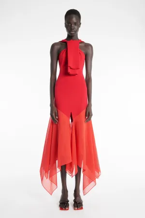 Knit Dress With Organza Inserts Red