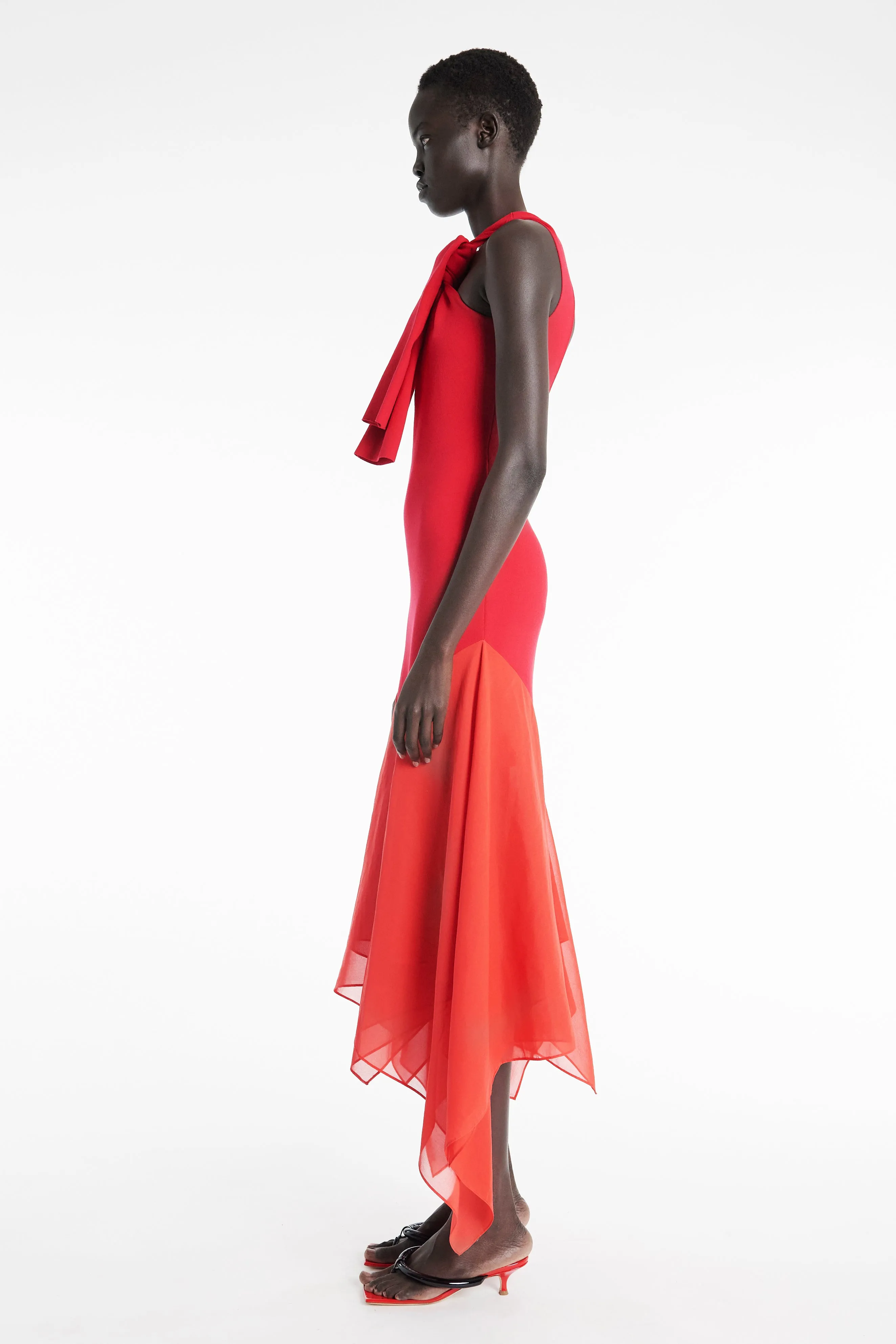 Knit Dress With Organza Inserts Red