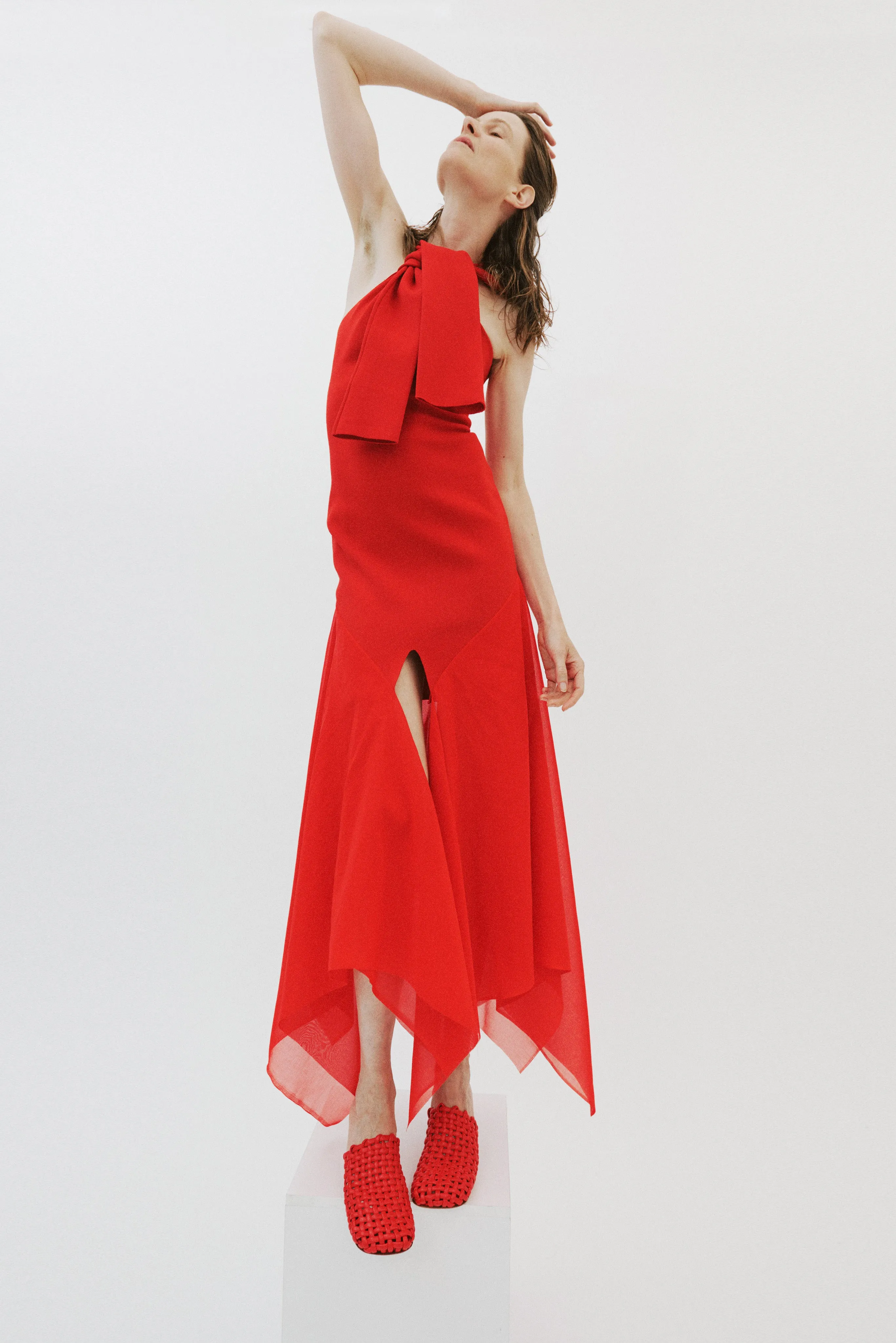 Knit Dress With Organza Inserts Red