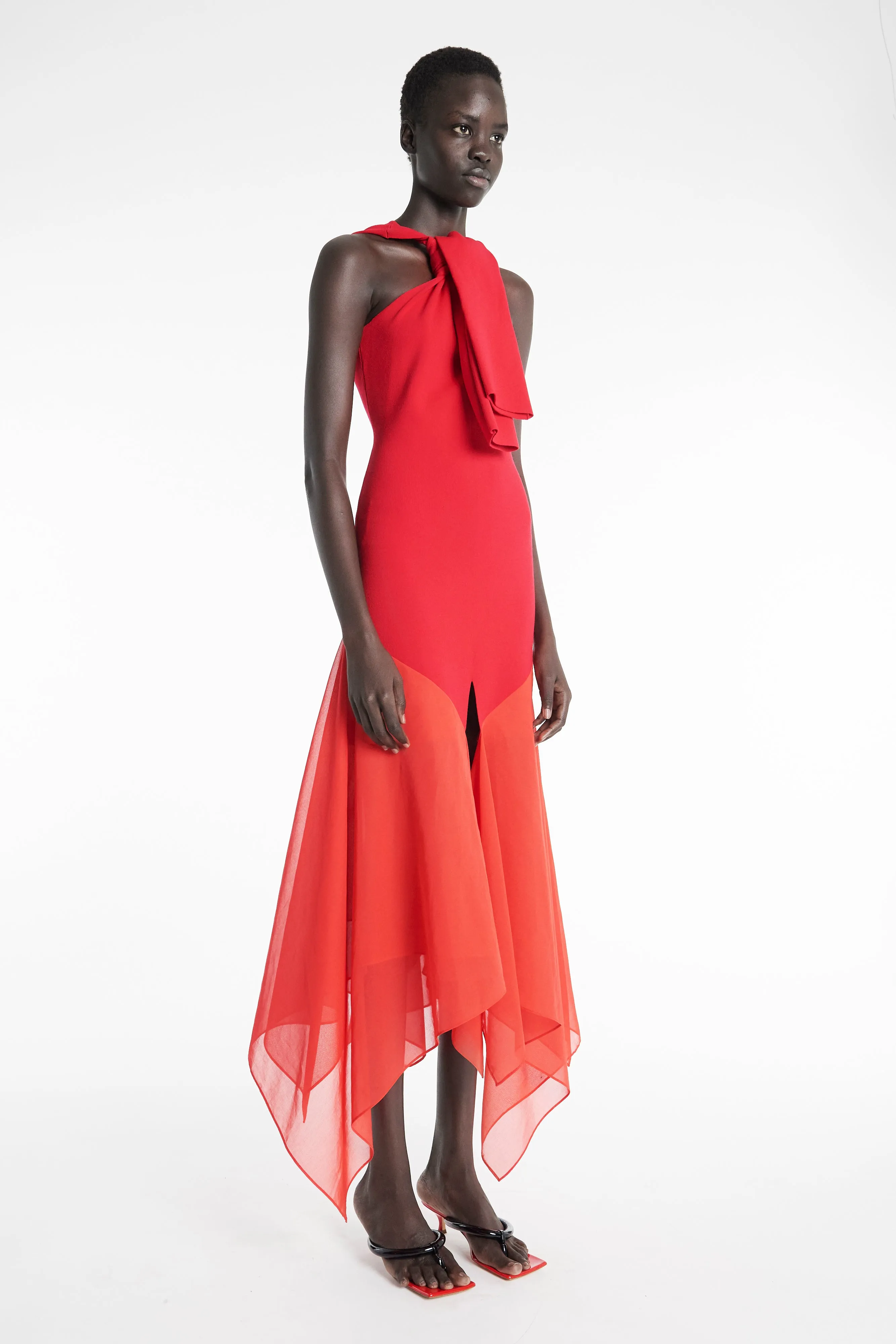 Knit Dress With Organza Inserts Red