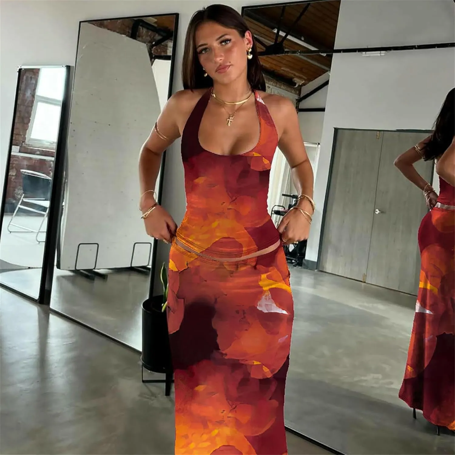 ksotutm Two Piece Sets for Women Maxi Skirt Set Printed Halter Top and Maxi Skirt Going Out Outfits