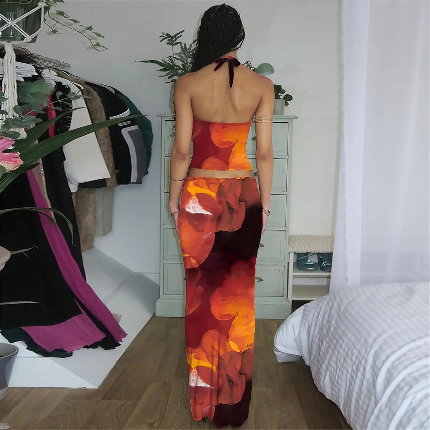 ksotutm Two Piece Sets for Women Maxi Skirt Set Printed Halter Top and Maxi Skirt Going Out Outfits