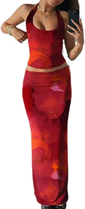 ksotutm Two Piece Sets for Women Maxi Skirt Set Printed Halter Top and Maxi Skirt Going Out Outfits