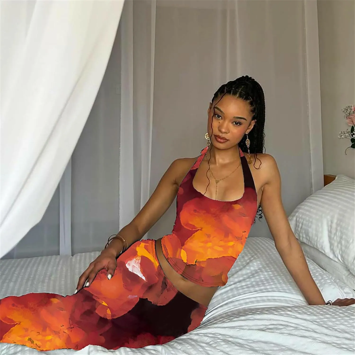 ksotutm Two Piece Sets for Women Maxi Skirt Set Printed Halter Top and Maxi Skirt Going Out Outfits