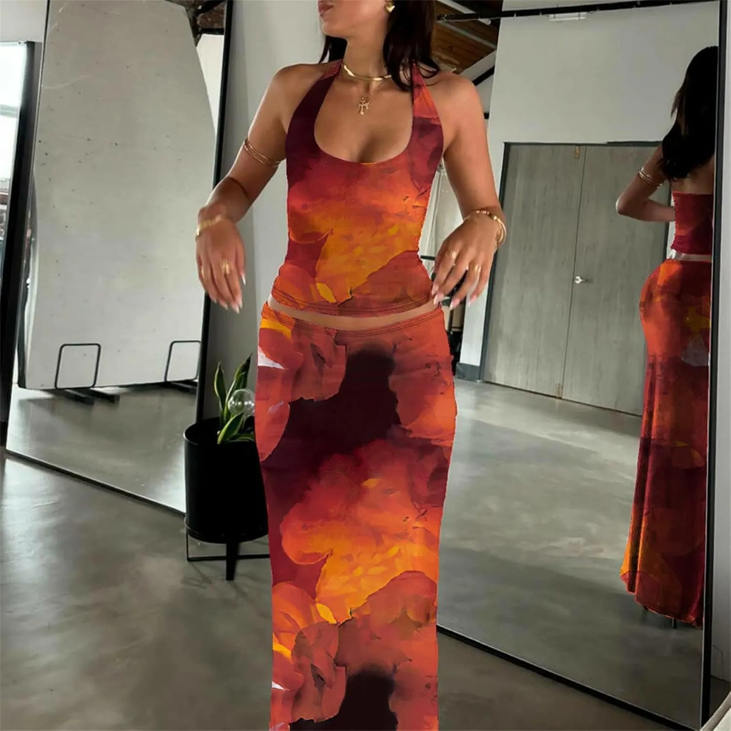 ksotutm Two Piece Sets for Women Maxi Skirt Set Printed Halter Top and Maxi Skirt Going Out Outfits