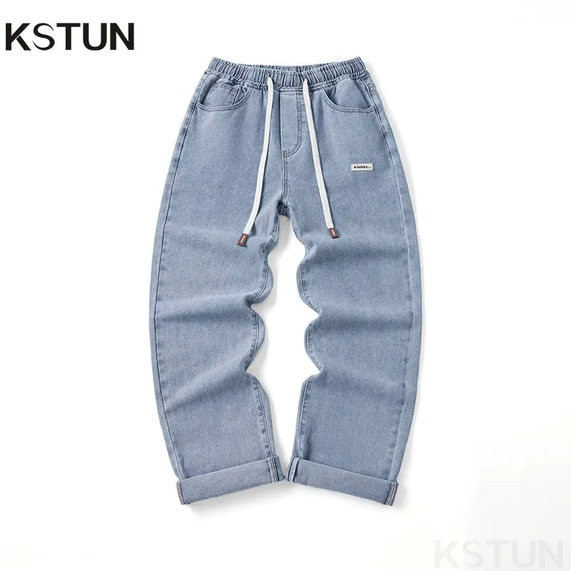 KSTUN Baggy Jeans Men Loose Fit Wide Leg Pants Casual Elastic Waist Boys Denim Pants Light Blue Men's Clothing pantalones hombre