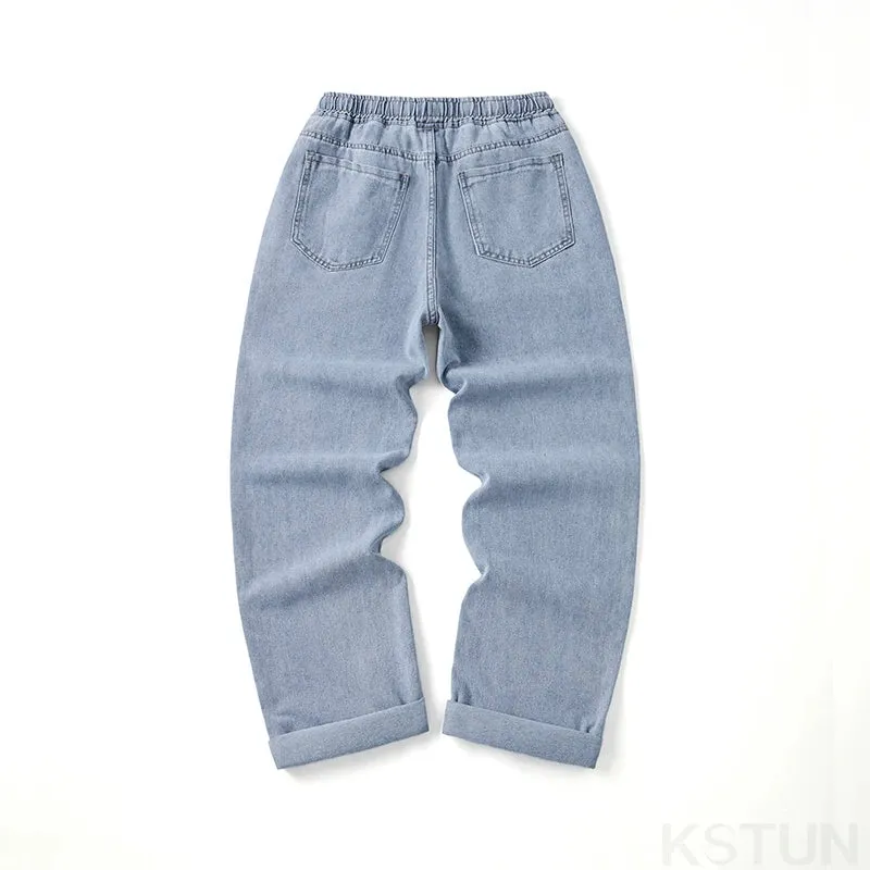 KSTUN Baggy Jeans Men Loose Fit Wide Leg Pants Casual Elastic Waist Boys Denim Pants Light Blue Men's Clothing pantalones hombre