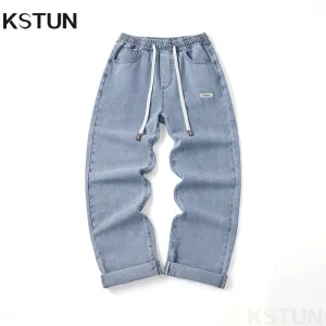 KSTUN Baggy Jeans Men Loose Fit Wide Leg Pants Casual Elastic Waist Boys Denim Pants Light Blue Men's Clothing pantalones hombre