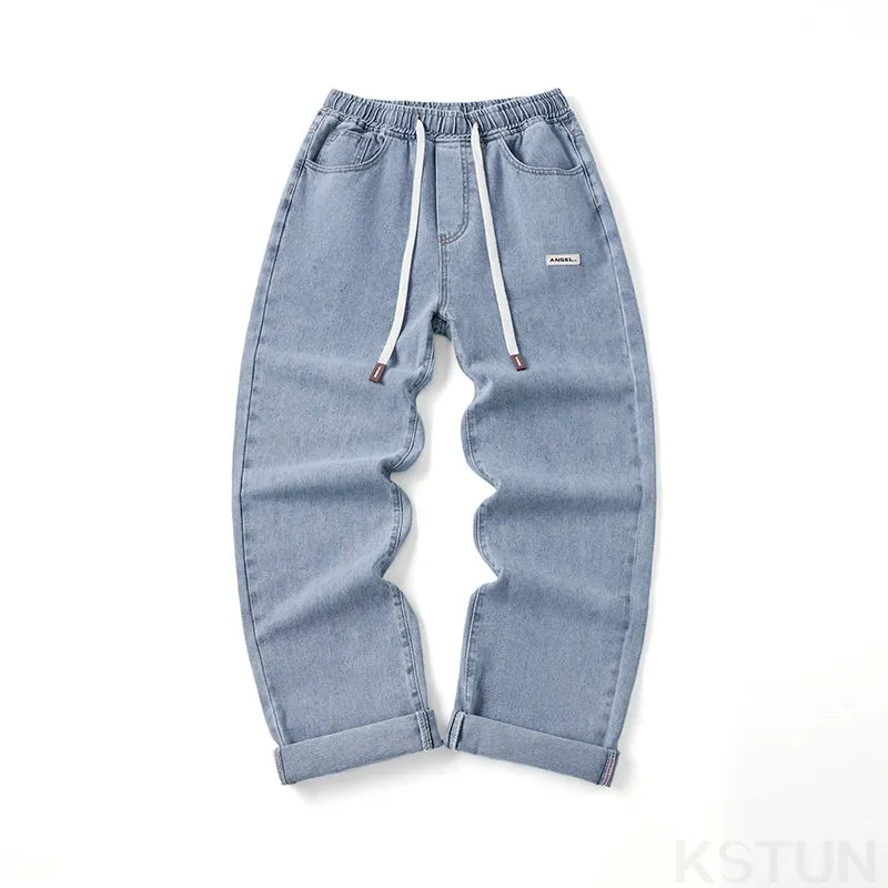 KSTUN Baggy Jeans Men Loose Fit Wide Leg Pants Casual Elastic Waist Boys Denim Pants Light Blue Men's Clothing pantalones hombre