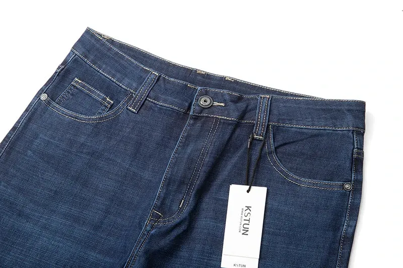 KSTUN Business Casual Jeans For Men Solid Blue Straight Cut Regular Fit Male Denim Pants 2024 New Arrival Full Length Trousers