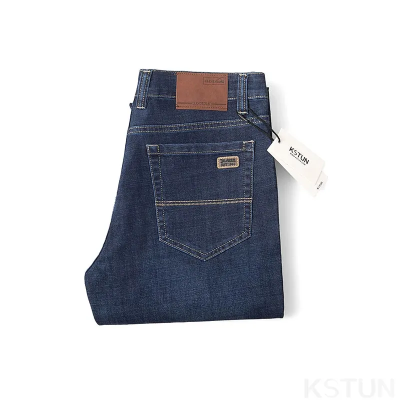 KSTUN Business Casual Jeans For Men Solid Blue Straight Cut Regular Fit Male Denim Pants 2024 New Arrival Full Length Trousers