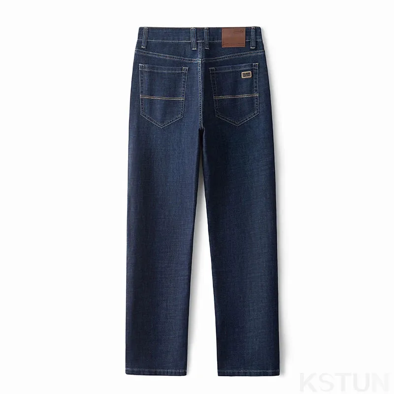 KSTUN Business Casual Jeans For Men Solid Blue Straight Cut Regular Fit Male Denim Pants 2024 New Arrival Full Length Trousers