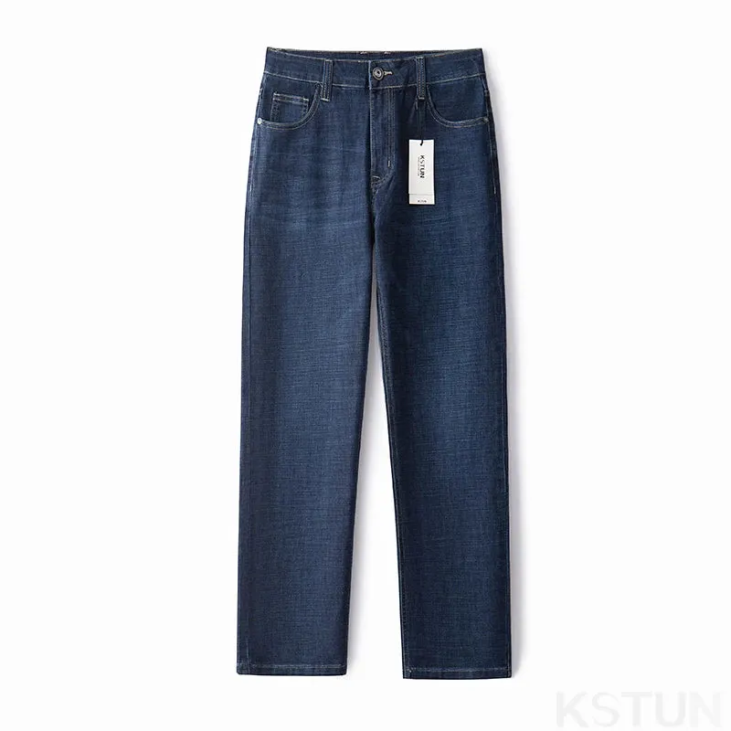 KSTUN Business Casual Jeans For Men Solid Blue Straight Cut Regular Fit Male Denim Pants 2024 New Arrival Full Length Trousers