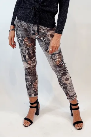 La Strada Multi Print Charcoal Jogger Pant