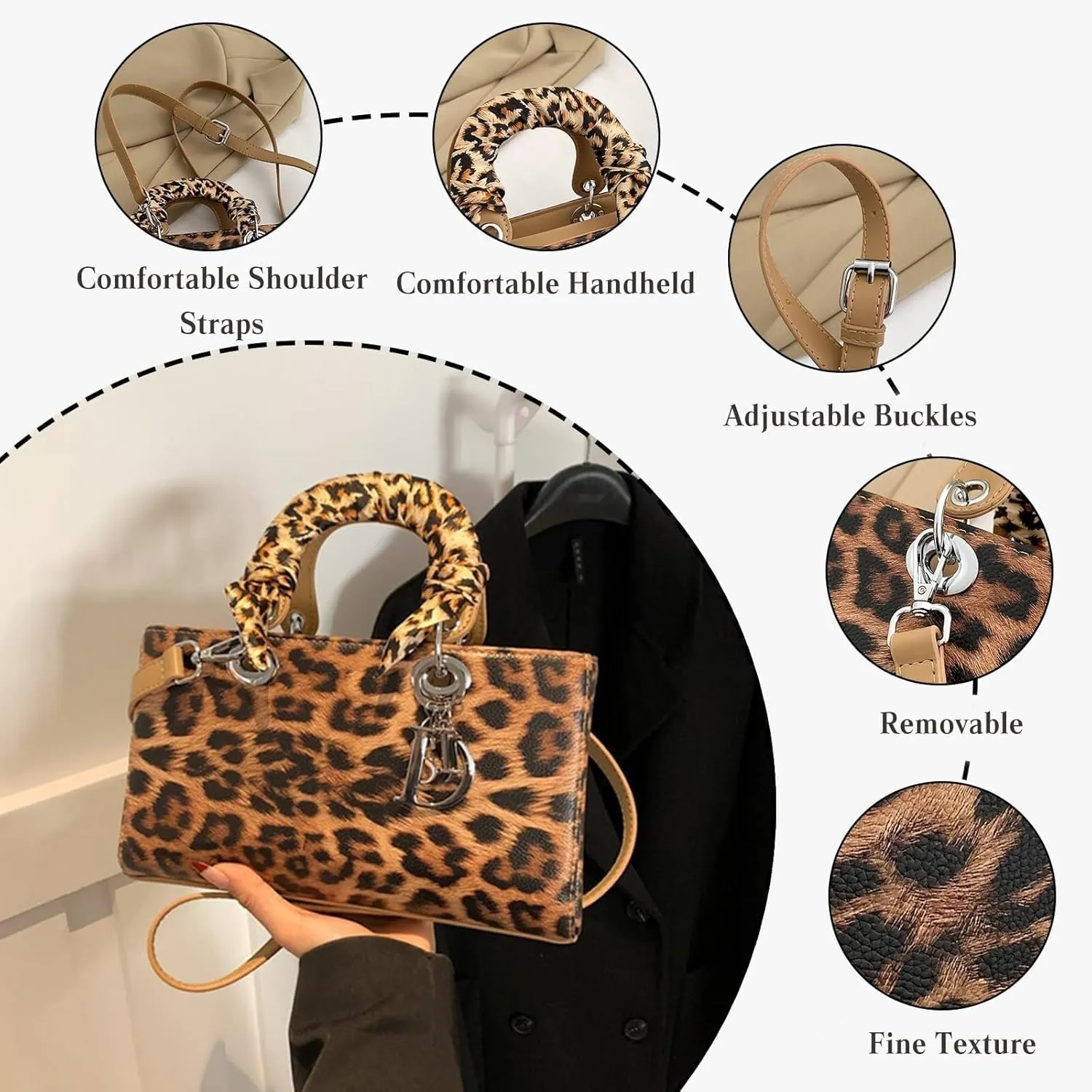 Leopard Print Handbag for Women PU Leather Shoulder Waterproof Crossbody Fashion Messenger Satchel Elegant Hobo Top Handle