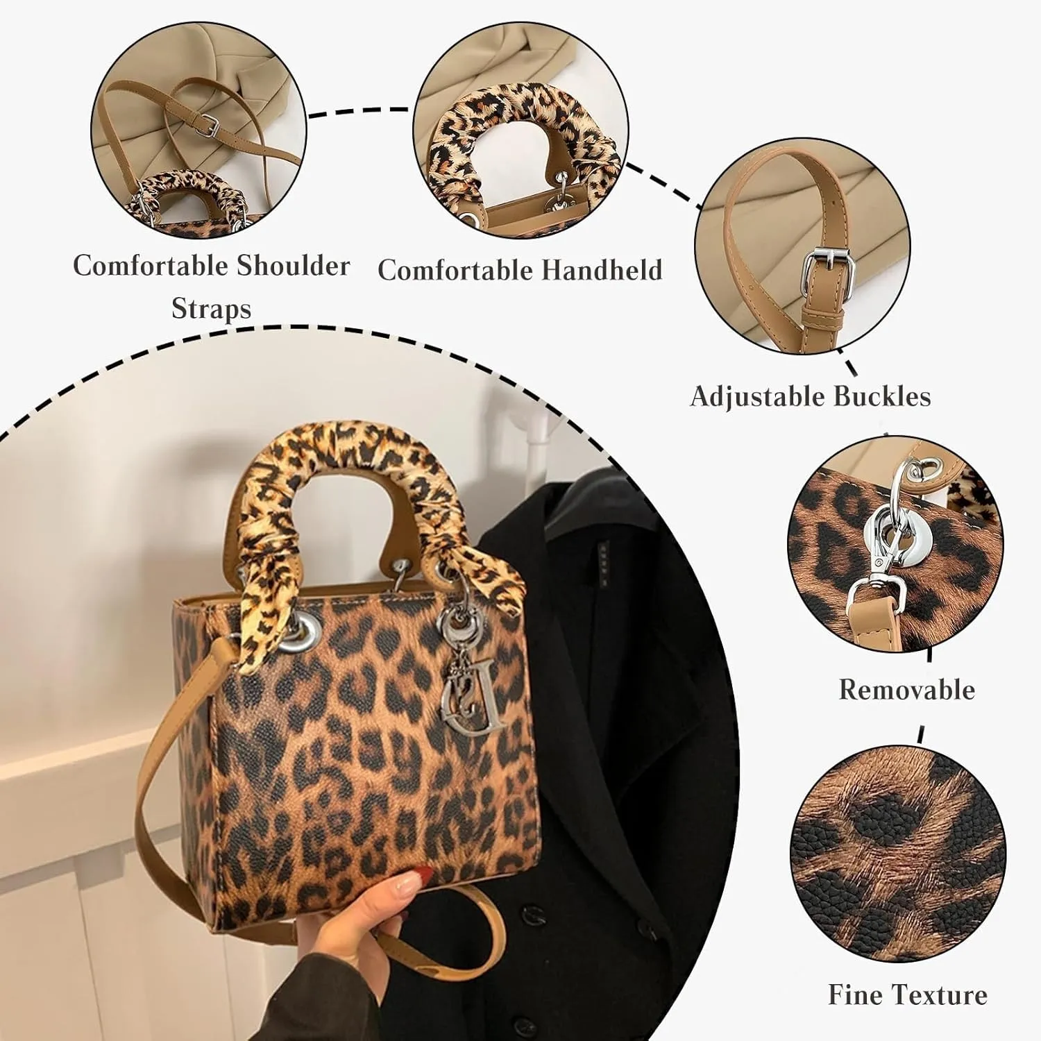 Leopard Print Handbag for Women PU Leather Shoulder Waterproof Crossbody Fashion Messenger Satchel Elegant Hobo Top Handle