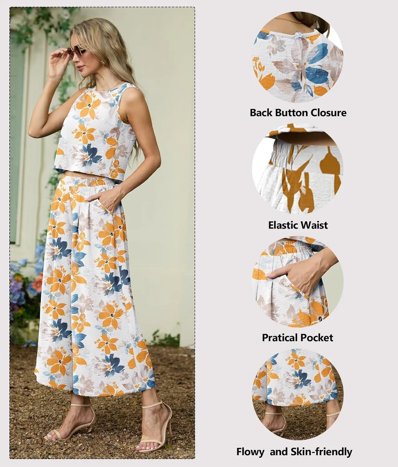 Lepunuo Womens Summer 2 Piece Outfits Sleeveless Crop Top Flowy Wide Leg Pants Matching Sets Vacation Beach Travel Outfits
