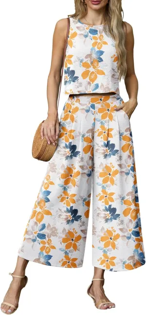 Lepunuo Womens Summer 2 Piece Outfits Sleeveless Crop Top Flowy Wide Leg Pants Matching Sets Vacation Beach Travel Outfits