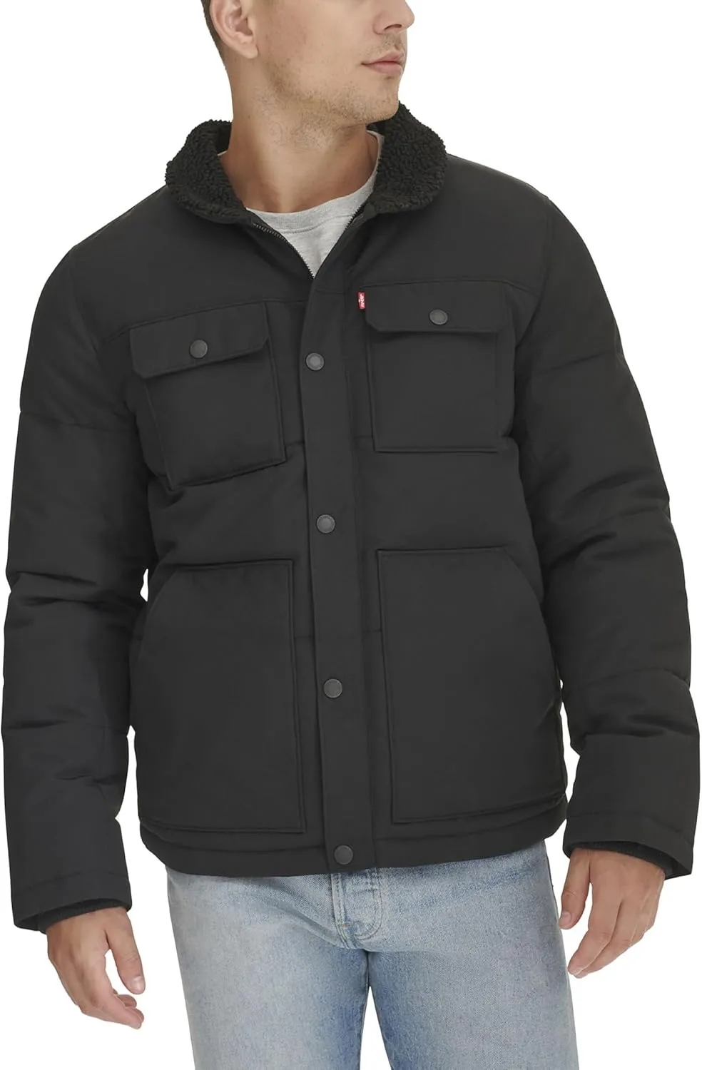 Levi's Men's Quilted Mixed Media Shirttail Work Wear Puffer Jacket