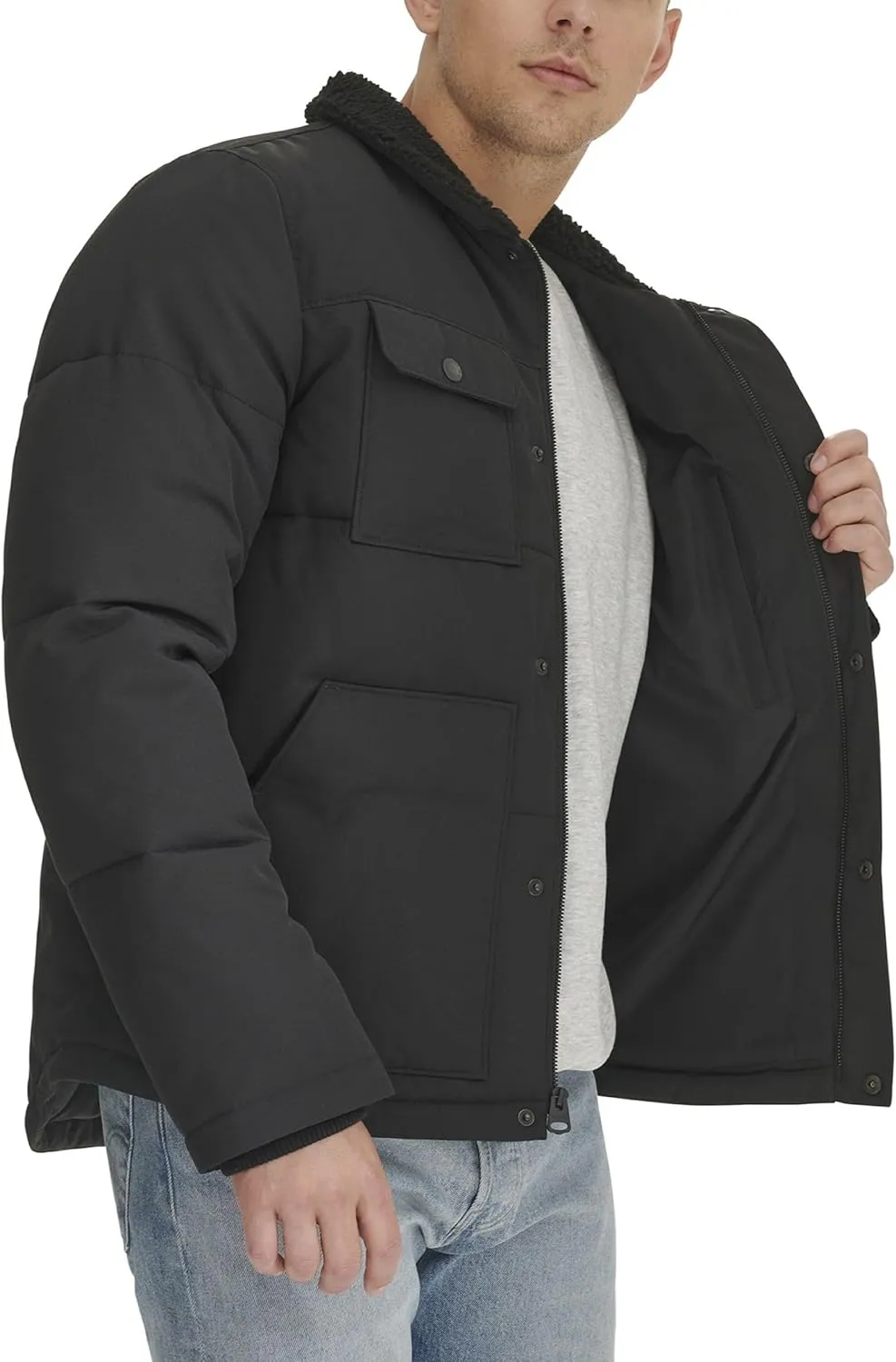 Levi's Men's Quilted Mixed Media Shirttail Work Wear Puffer Jacket