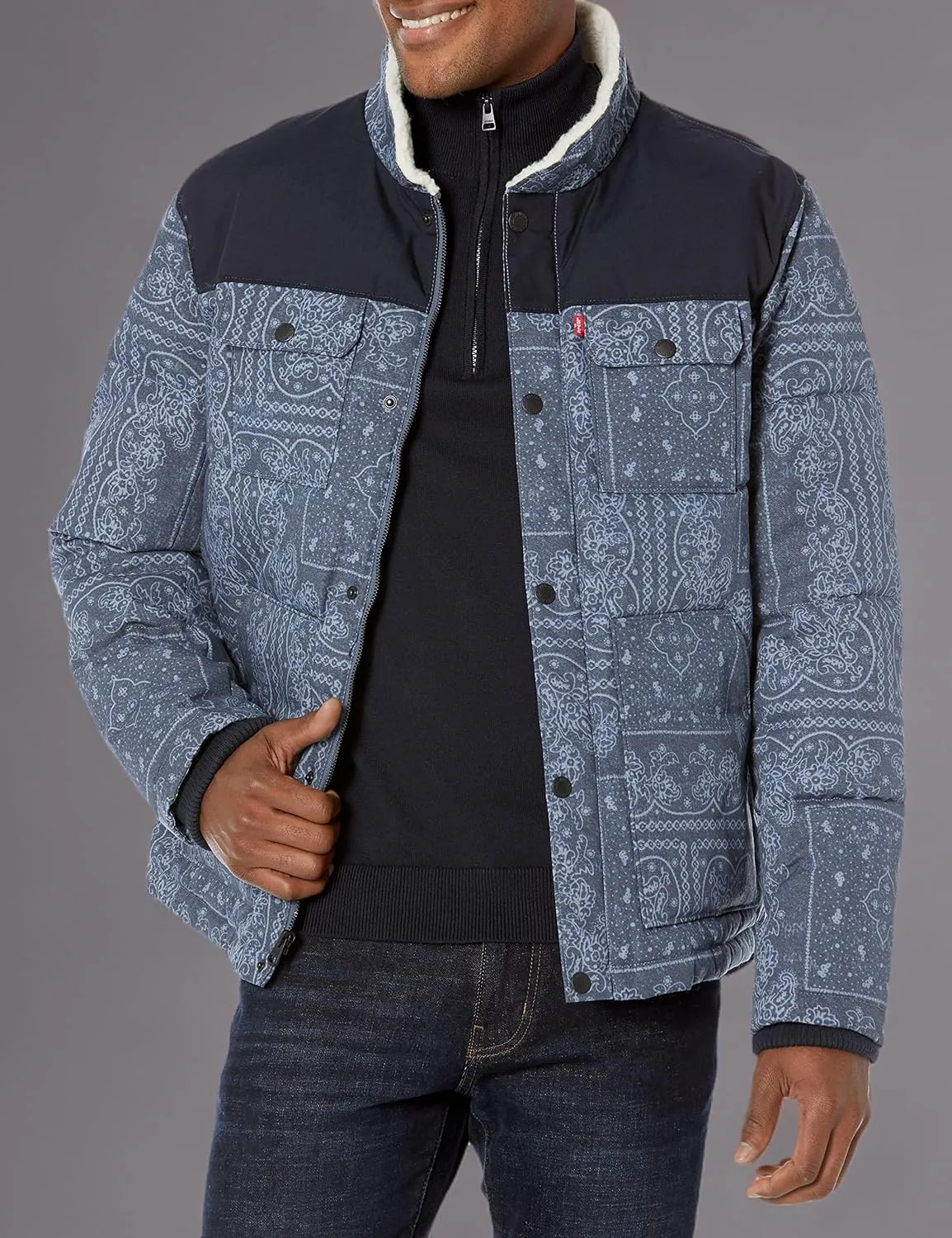 Levi's Men's Quilted Mixed Media Shirttail Work Wear Puffer Jacket