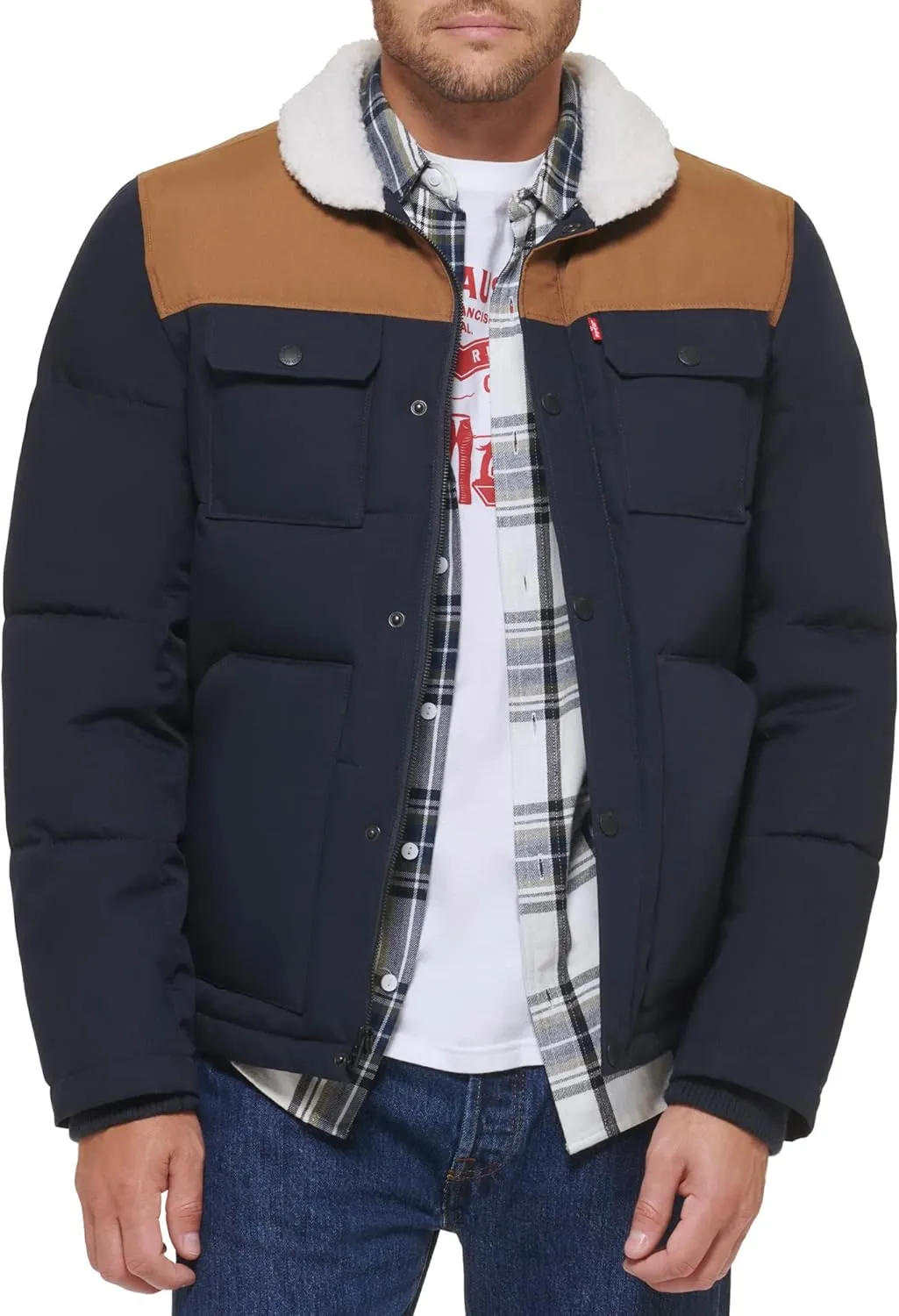 Levi's Men's Quilted Mixed Media Shirttail Work Wear Puffer Jacket