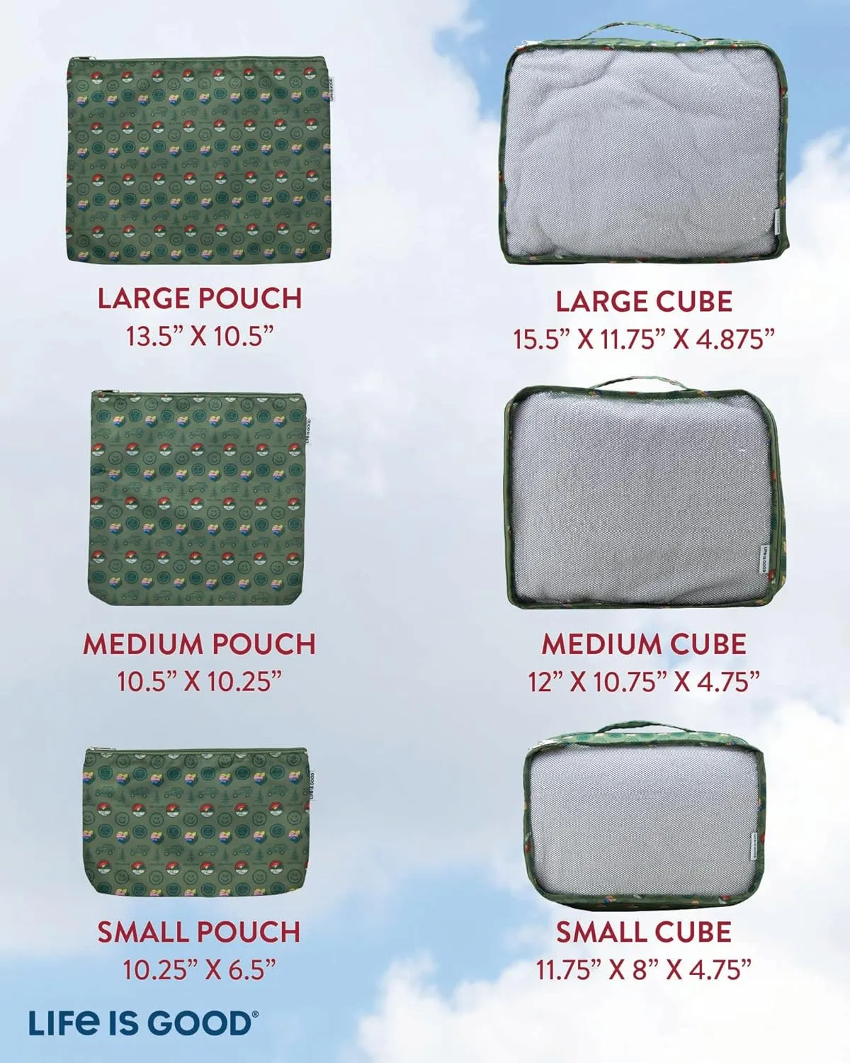 LIFE IS GOOD 6 Piece Packing Cube Set - Tear Resistant Mulifunctional Apparel and Accessory Storage, Outdoors