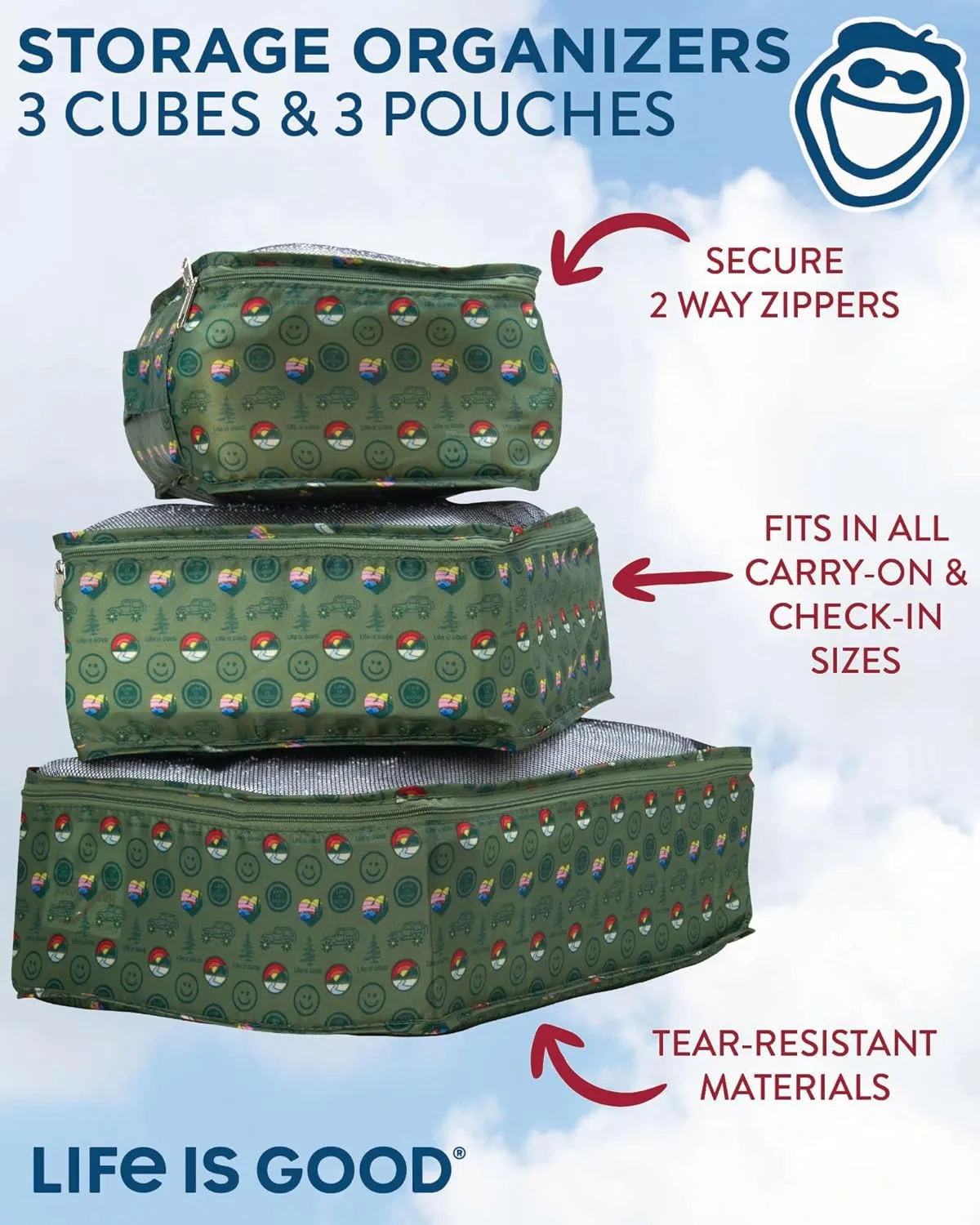 LIFE IS GOOD 6 Piece Packing Cube Set - Tear Resistant Mulifunctional Apparel and Accessory Storage, Outdoors
