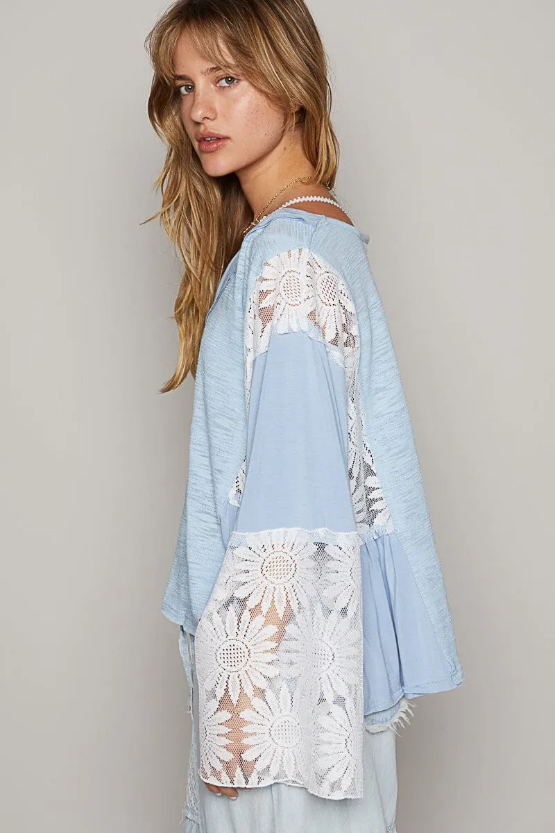 LIGHT BLUE FLOWY LACE TRIM MIX TOP