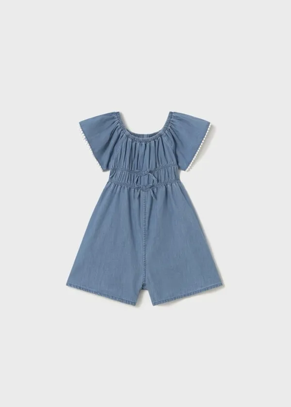 Light Denim Flowy Pom Trim Romper