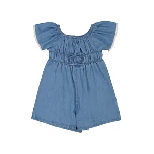 Light Denim Flowy Pom Trim Romper