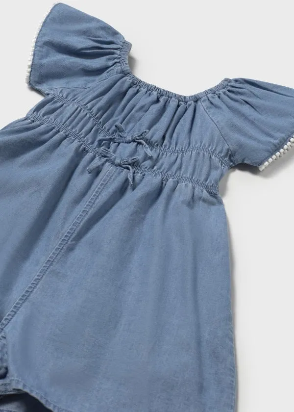 Light Denim Flowy Pom Trim Romper