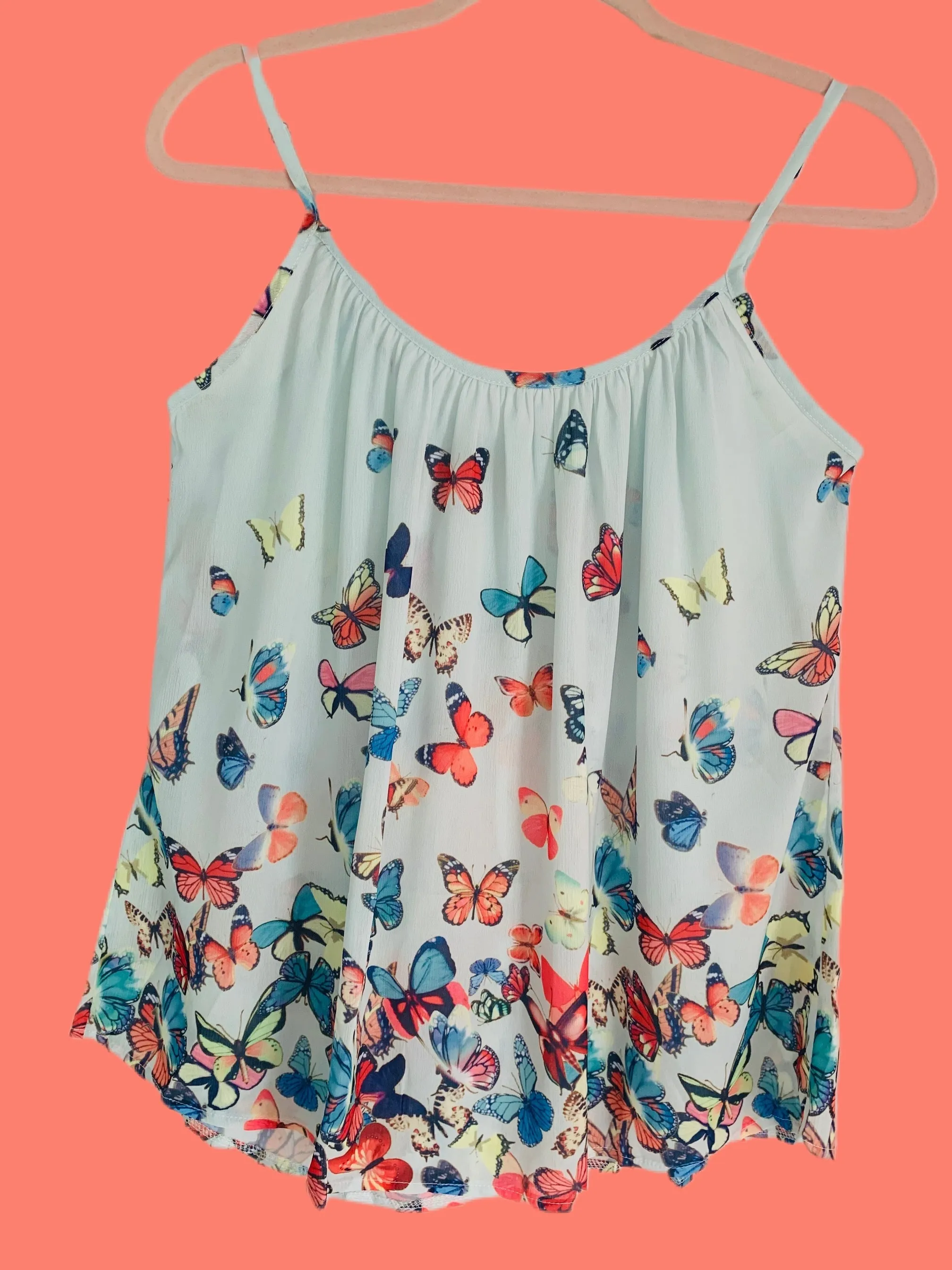 Light Green Butterfly Print Flowy Strappy Tank