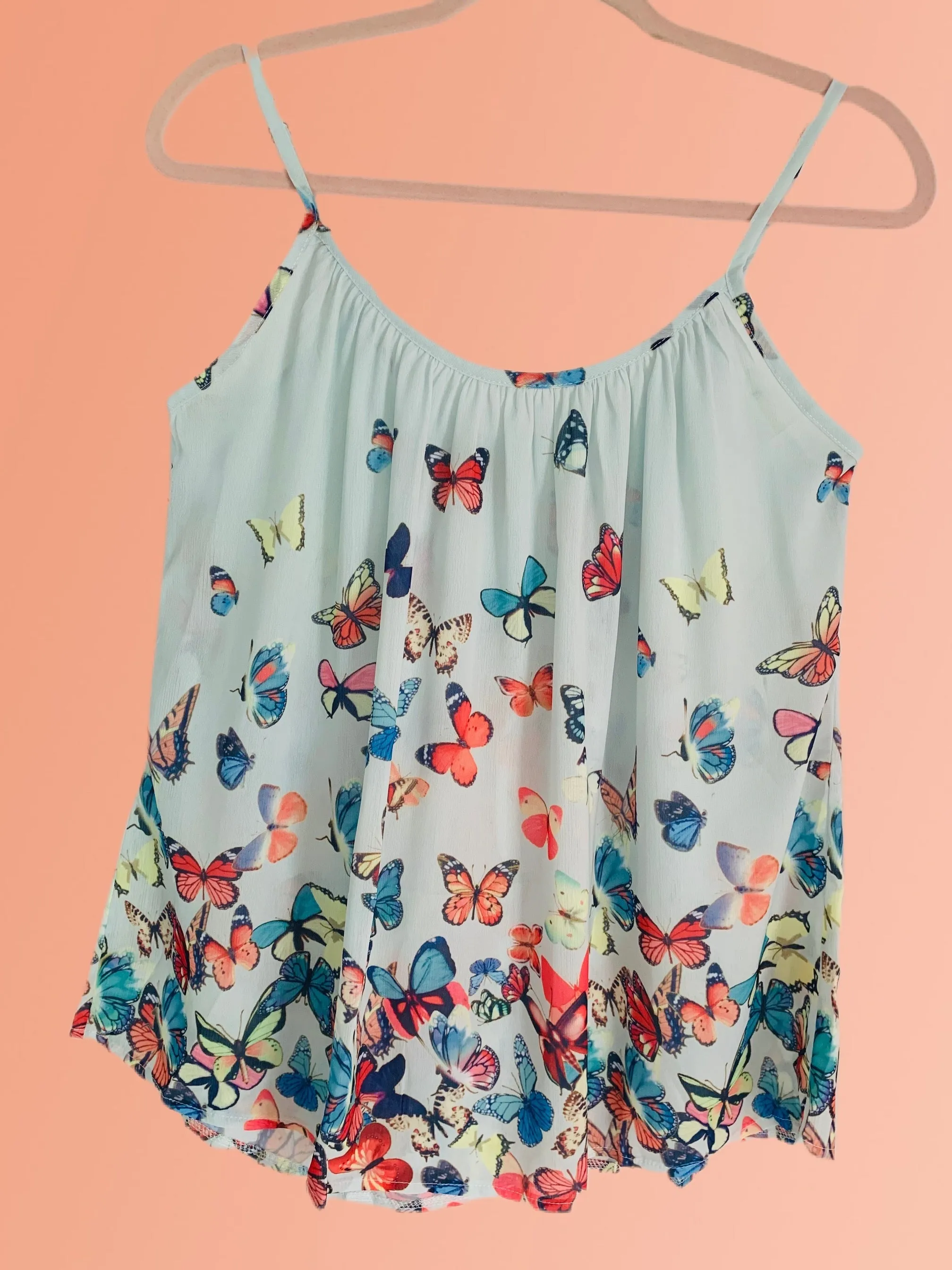 Light Green Butterfly Print Flowy Strappy Tank