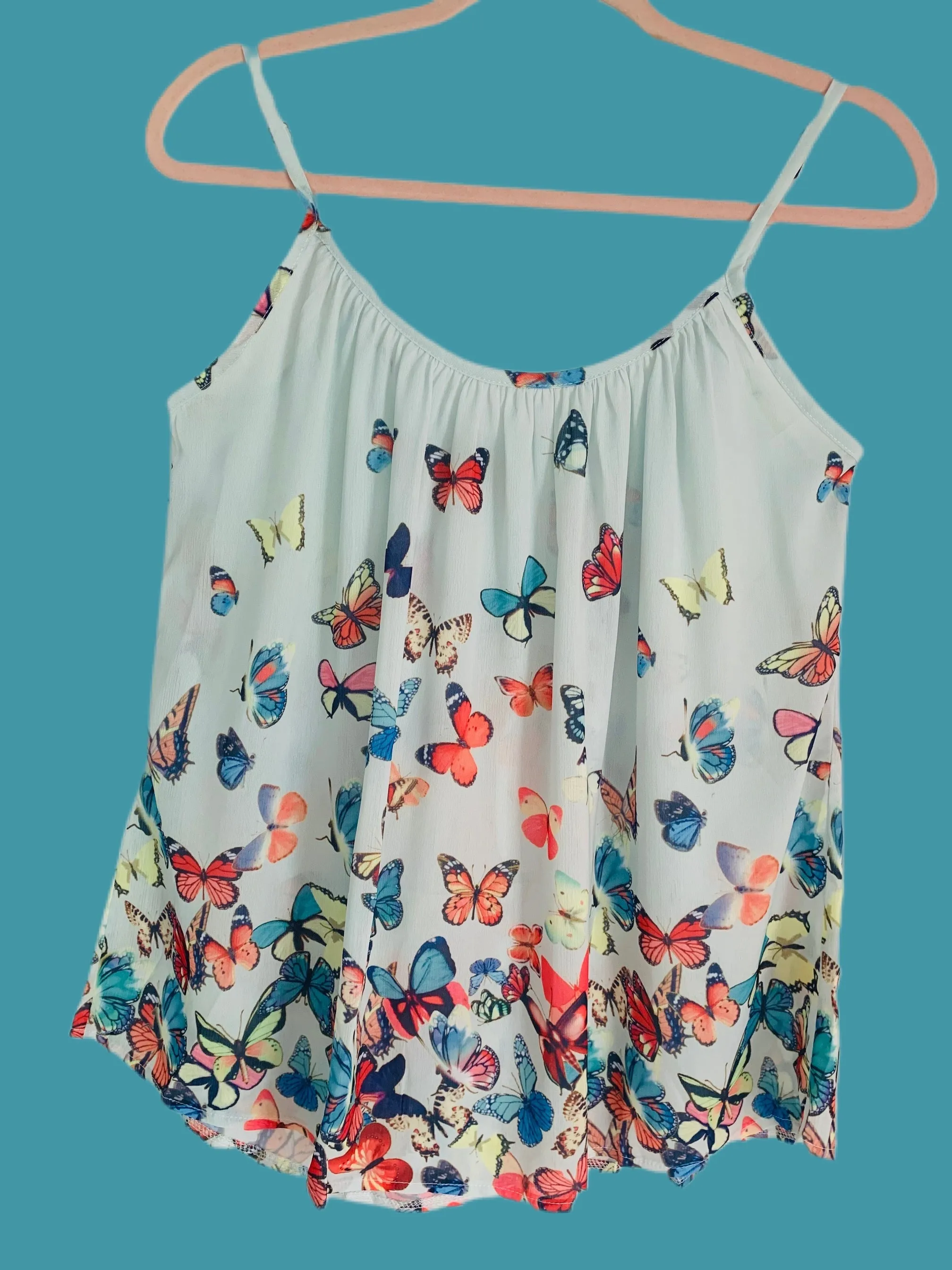Light Green Butterfly Print Flowy Strappy Tank