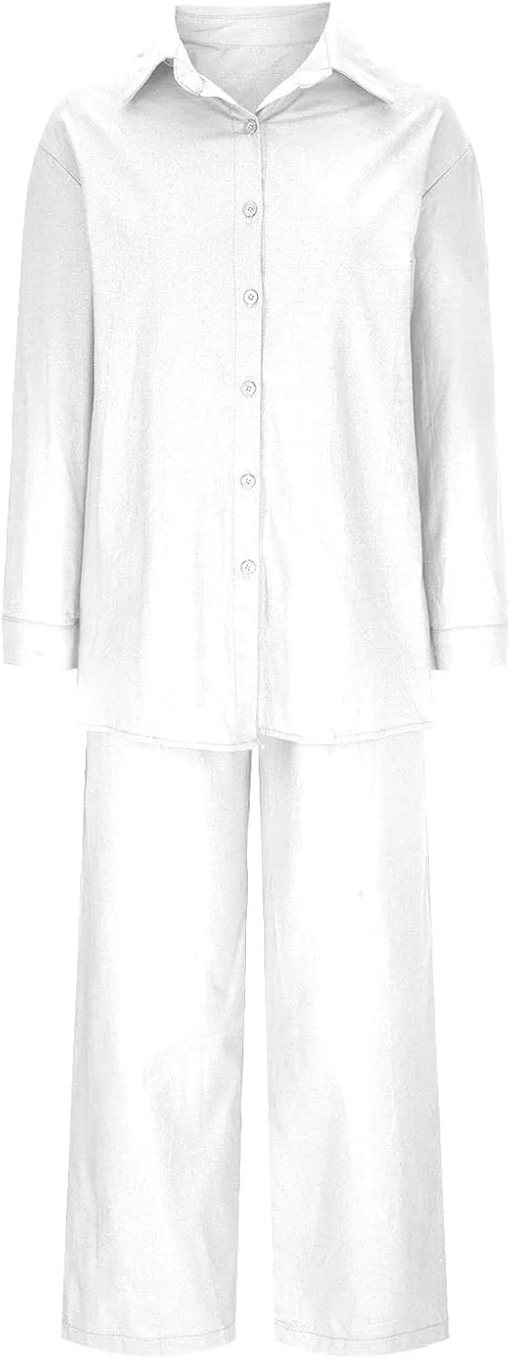 Linen 2 Piece Sets For Women Summer 2024 Loose Long Sleeve Shirts Wide Leg Pant Matching Set Plus Size Vacation Outfits