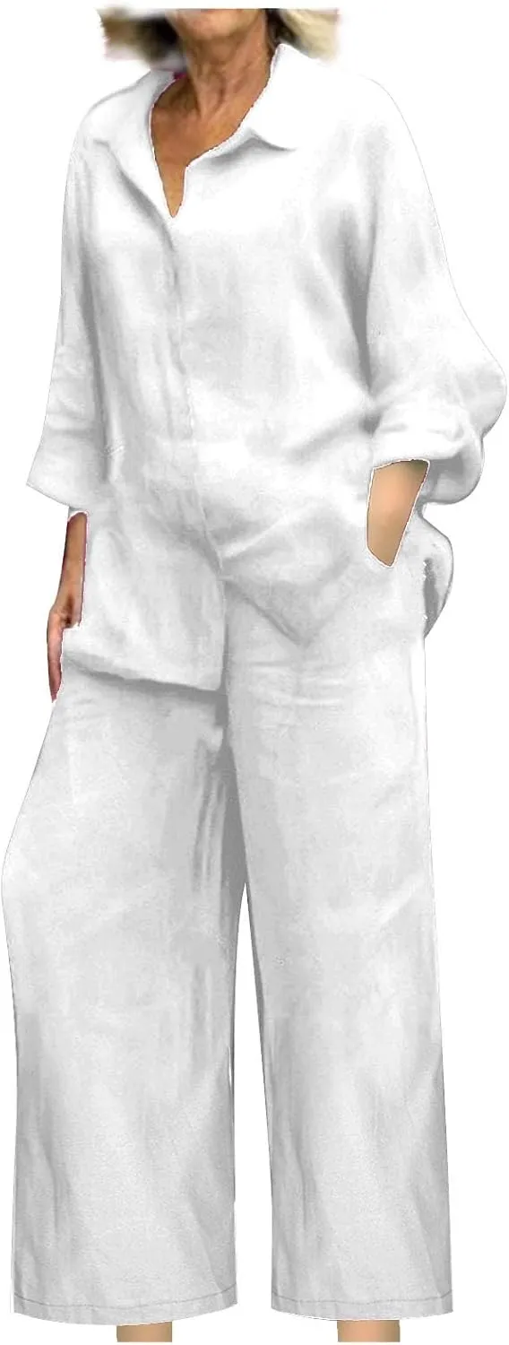 Linen 2 Piece Sets For Women Summer 2024 Loose Long Sleeve Shirts Wide Leg Pant Matching Set Plus Size Vacation Outfits