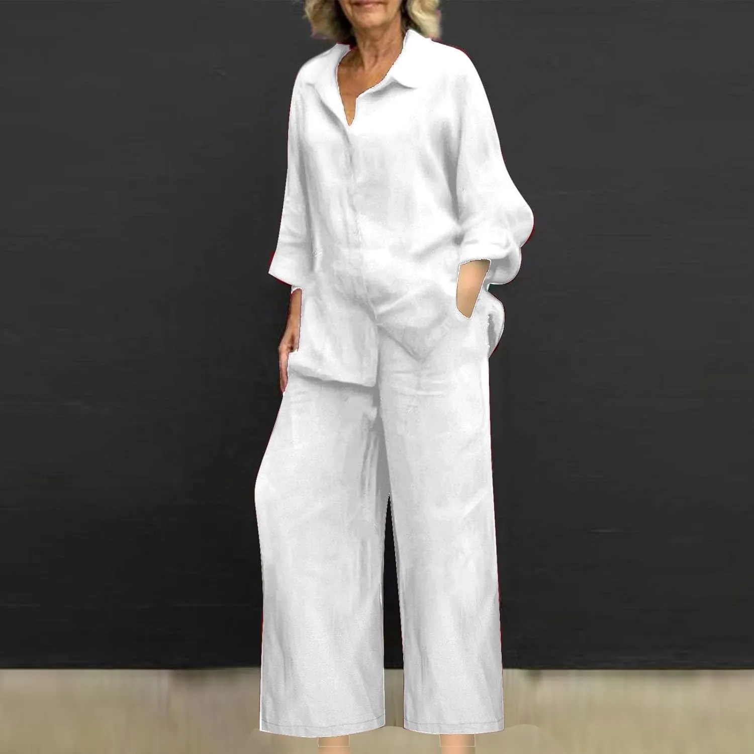 Linen 2 Piece Sets For Women Summer 2024 Loose Long Sleeve Shirts Wide Leg Pant Matching Set Plus Size Vacation Outfits