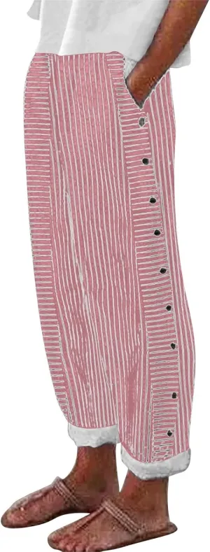 Linen Pants for Women Plus Size Trendy Striped Spring Summer Gauze Pants 2025 Casual Elastic Waist Comfy Trousers