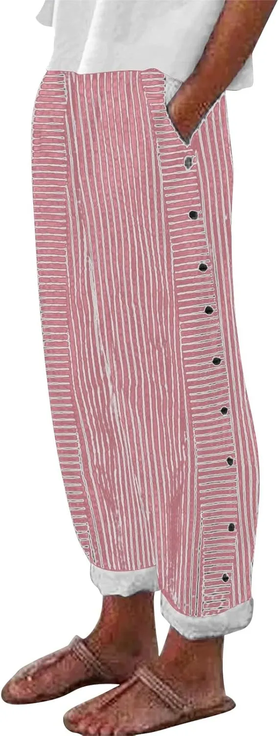 Linen Pants for Women Plus Size Trendy Striped Spring Summer Gauze Pants 2025 Casual Elastic Waist Comfy Trousers