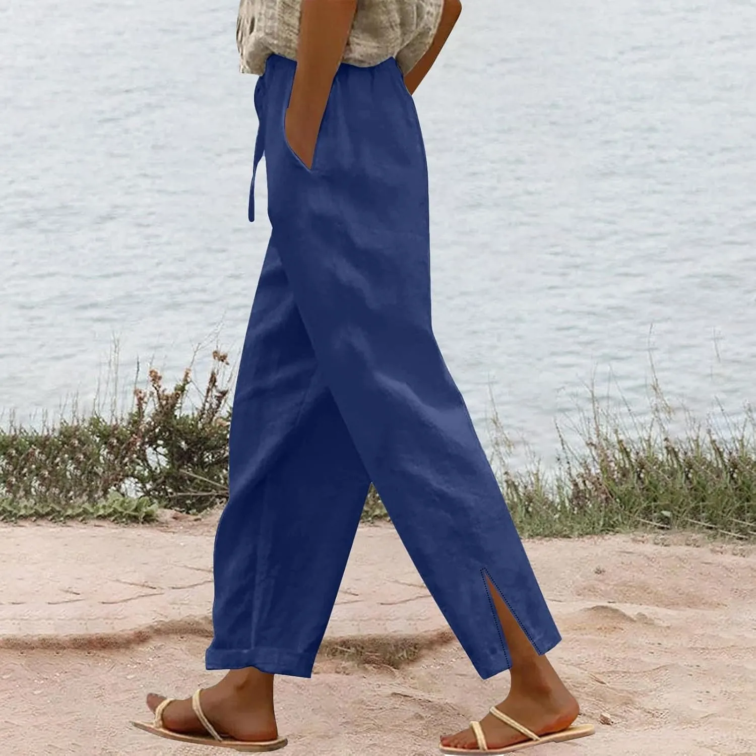 Linen Pants for Women Summer High Waist Elastic Straight Leg Lounge Pant 2025 Casual Loose Lightweight Beach Trousers