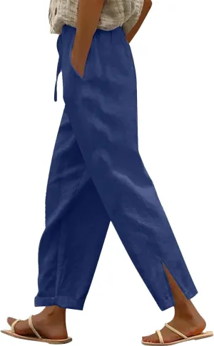 Linen Pants for Women Summer High Waist Elastic Straight Leg Lounge Pant 2025 Casual Loose Lightweight Beach Trousers