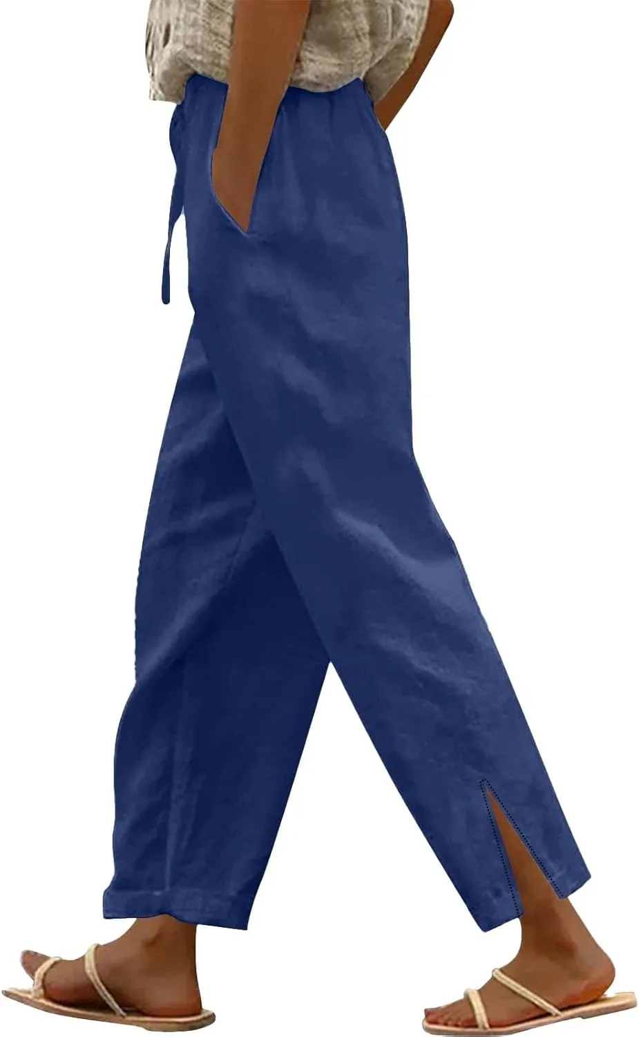 Linen Pants for Women Summer High Waist Elastic Straight Leg Lounge Pant 2025 Casual Loose Lightweight Beach Trousers